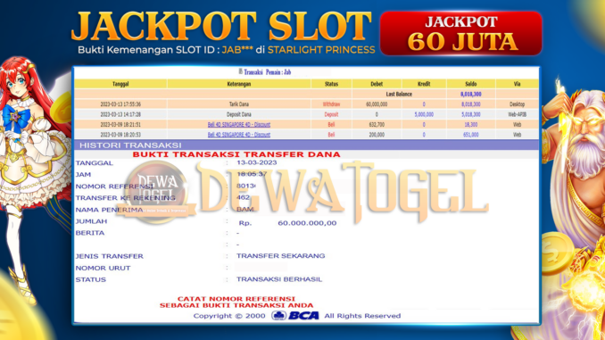 Bukti jackpot STARLIGHT PRINCES DEWATOGEL #28